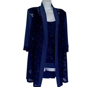 NWT Oleg Cassini David’s Bridal Navy Sequin Lace Pantsuit MIL Womens SZ 16 3pc